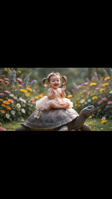 Baby's Joyful Ride on a Giant Tortoise in a Flower Garden