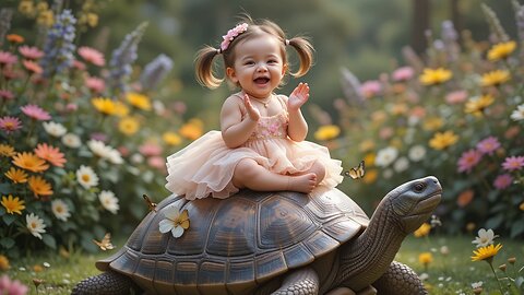 Baby's Joyful Ride on a Giant Tortoise in a Flower Garden