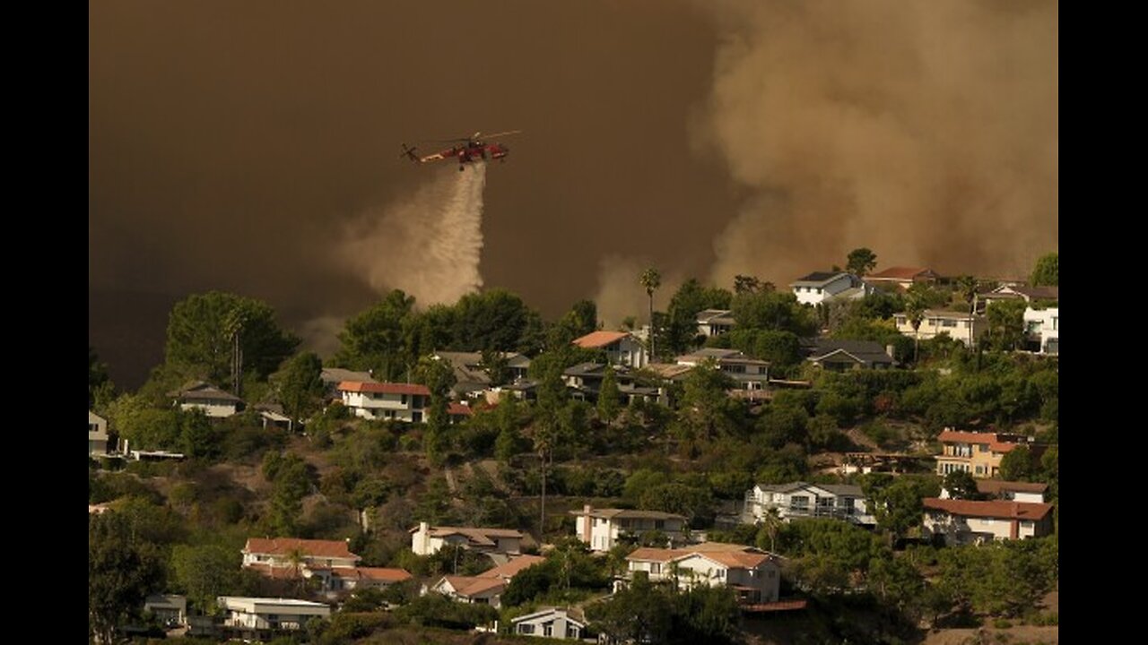 Live aerials of the wildfires in Mandeville Canyon, Pacific Palisades neighborhood in California