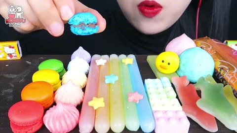 ASMR Colorful Rainbow-Themed Cookies, Mini Macarons & Jelly for a Relaxing Experience