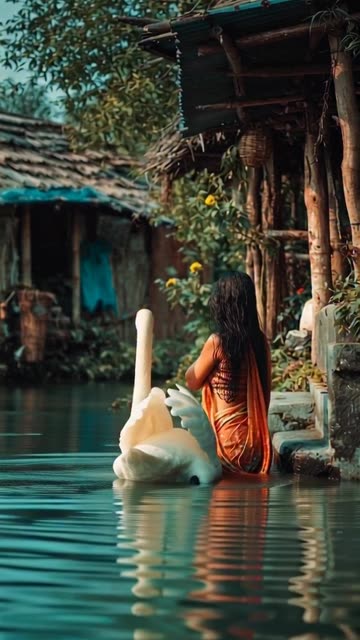 a beautiful village woman bathing in river
