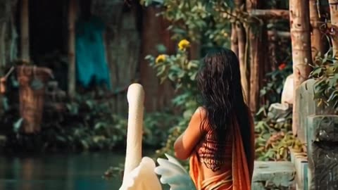 a beautiful village woman bathing in river