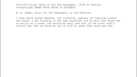 M. E. Stahl, Sworn in as a Defense Witness, 197th to Testify