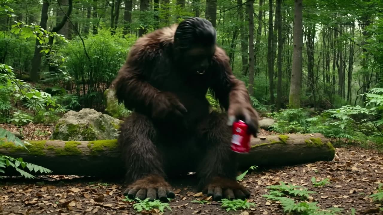 A bigfoot drinking a soda.