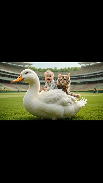 Adorable Baby and Cat's Duck Ride! 🦆✨
