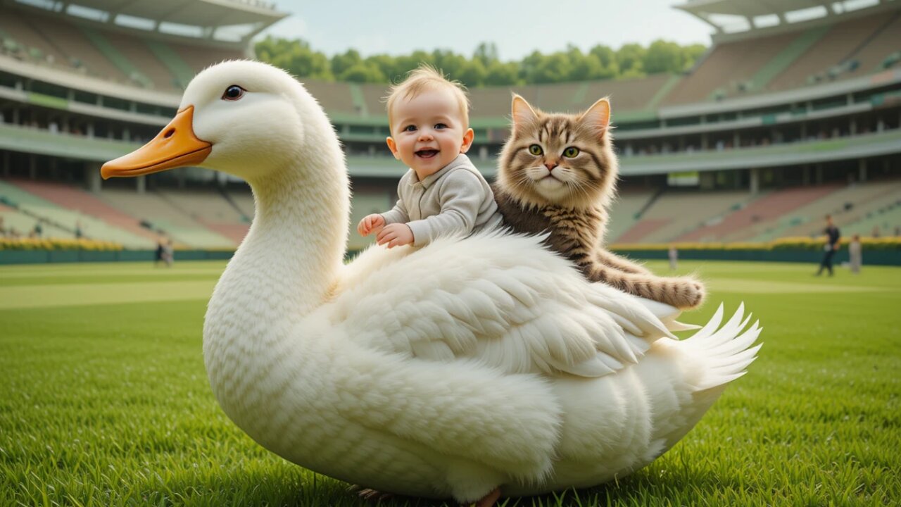 Adorable Baby and Cat's Duck Ride! 🦆✨