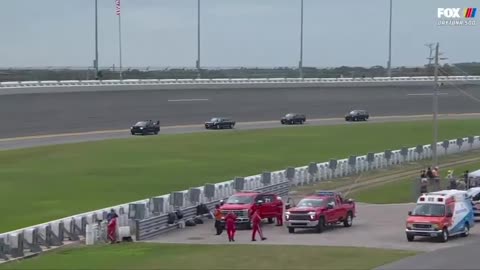 President Trump delivers a message to the drivers at the Daytona 500 from inside The Beast.