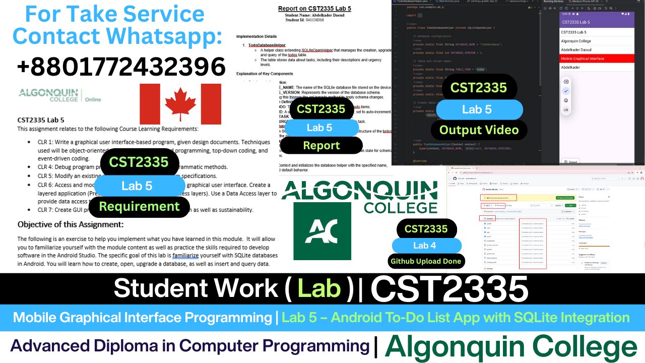 Student Work (Lab) | CST2335 Lab 5 To-Do List App Development with SQLite | Algonquin College