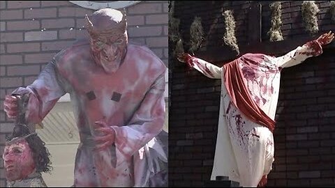 {REPOST} END TIMES! SATANIST PUT'S UP SATAN DECAPlTATlNG JESUS IN HIS YARD FOR HALLOWEEN!