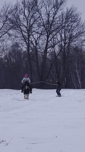 Little Snowboarder Pulled by Pony-Riding Sister