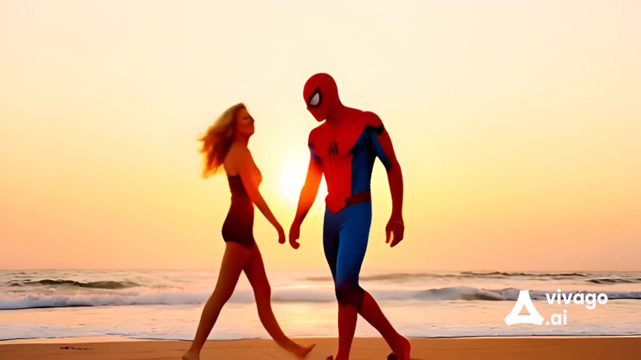 Spiderman walking beach side with a blond women.