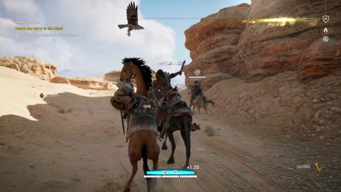 Battle125 Bayek on Camel vs Enemies on Horses in a desert mountains Assassins Creed Origins