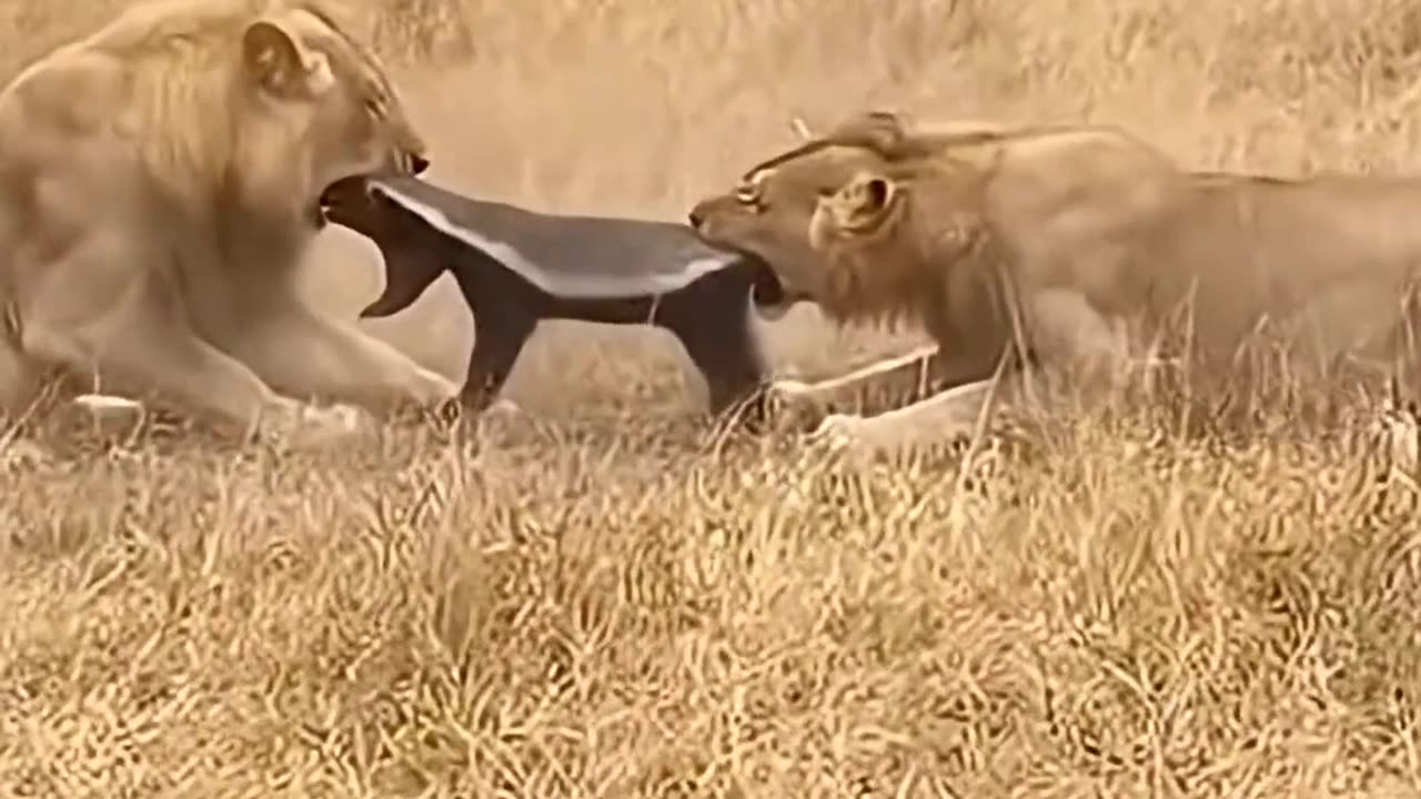 2 lions and One honey badger