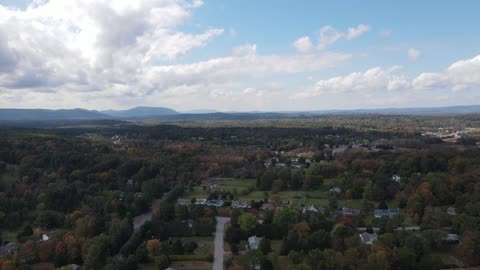 Drone flies over NY Town.