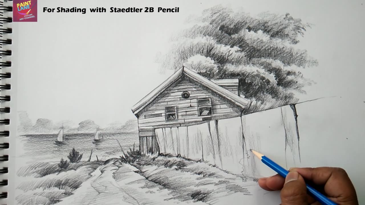 How To Draw A Simple House With Fence In A Landscape With Pencil