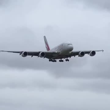 Emirates Airbus A380-800 on landing at Birmingham Airport (UK)