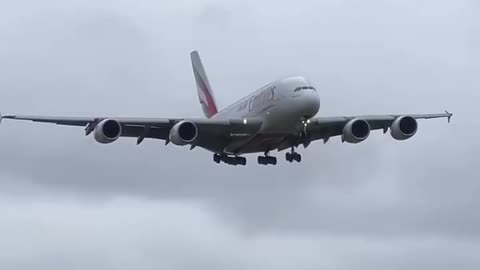 Emirates Airbus A380-800 on landing at Birmingham Airport (UK)