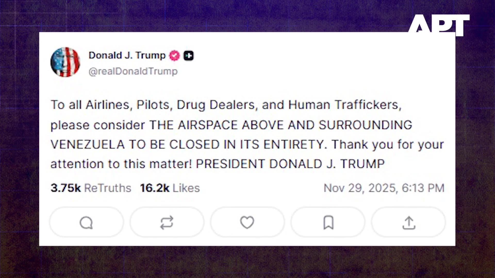 💥BREAKING 💥✈️Trump CLOSES the airspace above Venezuela.