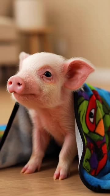 Piglet snuggling in TMNT blankie