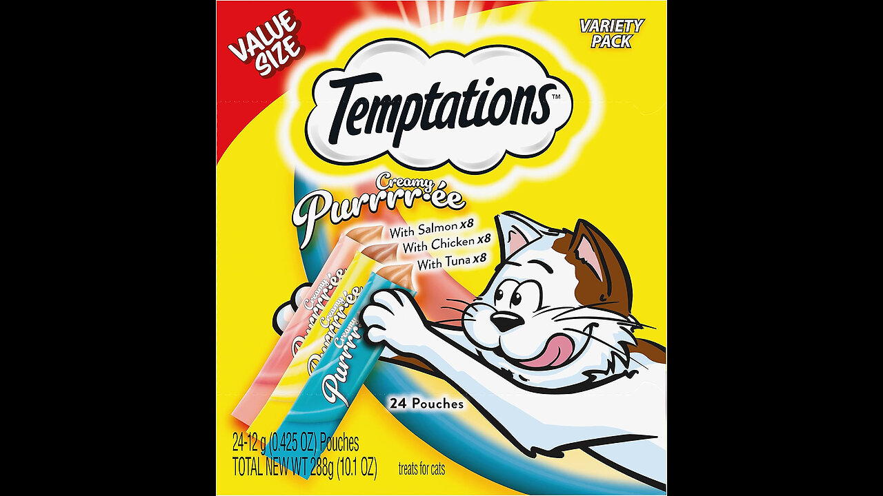 Temptations Creamy Puree with Chicken, Salmon, and Tuna Variety Pack of Lickable, Squeezable Cat Treats, 0.425 Oz Pouches, 24 Count