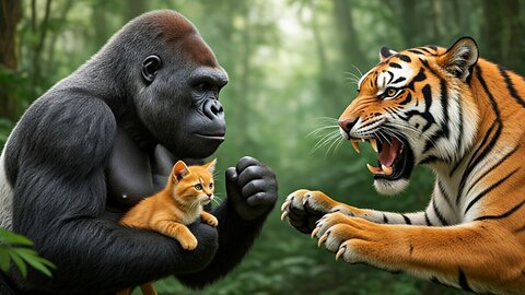 A gorilla saves a kitten.