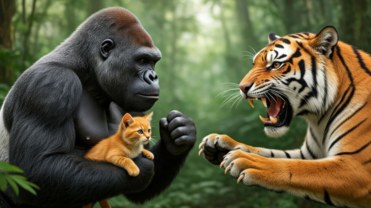 A gorilla saves a kitten.
