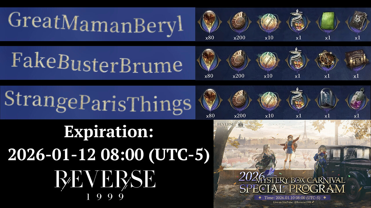 2026 Mystery Box Carnival Special Program Codes (Reverse: 1999)