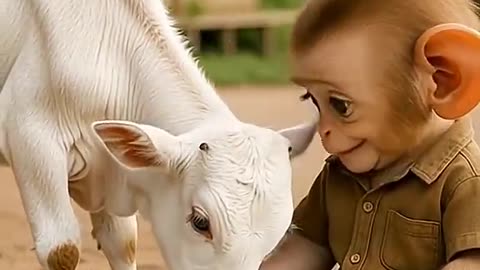 Adorable Baby Monkey Caring for a Baby Cow | Sweetest Animal Friendship Ever