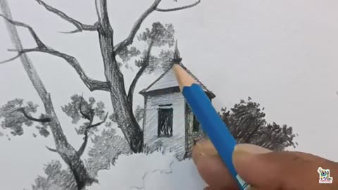 How to draw small wooden cabin in trees