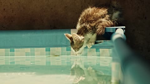 Curious kitty exploring the pool pure cuteness and calm vibes.