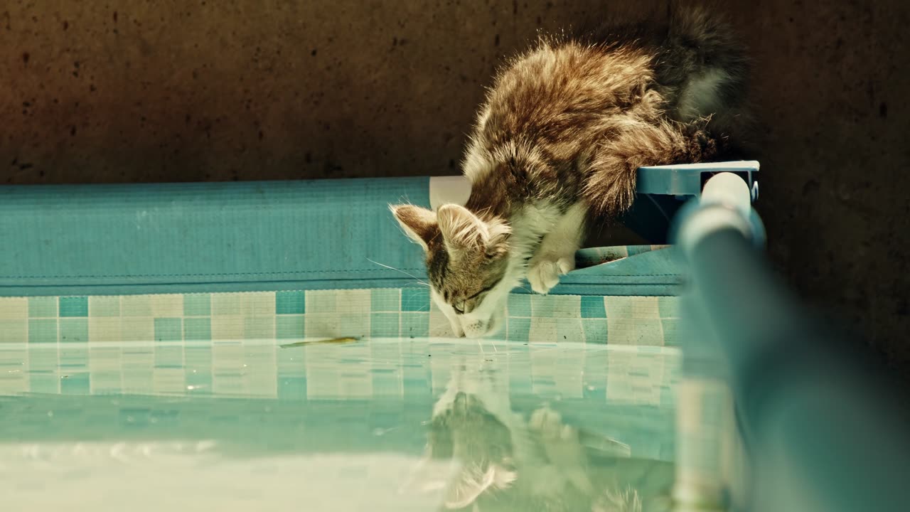 Curious kitty exploring the pool pure cuteness and calm vibes.
