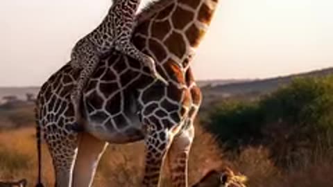 Baby Giraffe Takes a Ride While Lions Watch in Awe! #cute #fluffyfriends #giraffe #babyanimals #ai