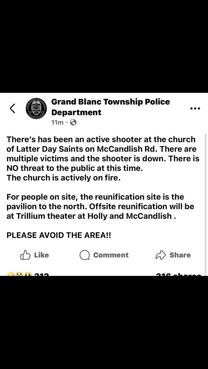 Active shooter at church in Grand Blanc, Michigan, reports of multiple victims.