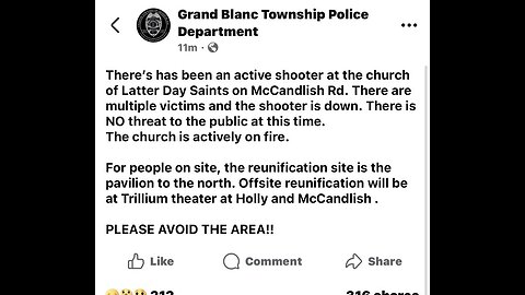 Active shooter at church in Grand Blanc, Michigan, reports of multiple victims. 