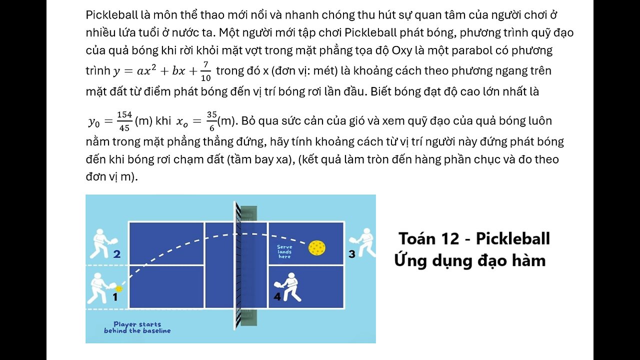 Toán 12: Pickleball là môn thể thao mới nổi và nhanh chóng thu hút sự quan tâm của người