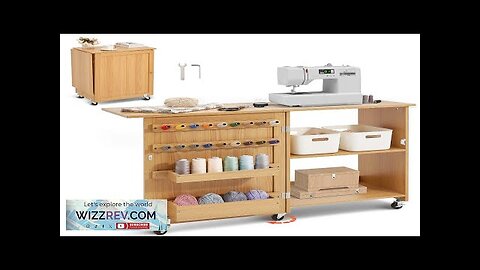 Folding Sewing Table with Lockable Wheels Storage Shelves Trays Door Wood Color Review