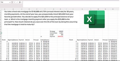 Excel: You take a fixed-rate mortgage for $140,000 at 6.75% (annual interest rate) for 30 years