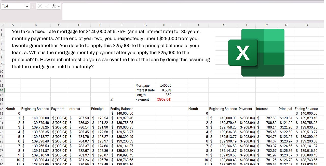 Excel: You take a fixed-rate mortgage for $140,000 at 6.75% (annual interest rate) for 30 years