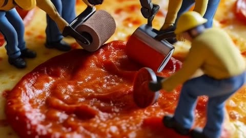 Hyper-realistic macro shot of tiny construction workers crafting an enormous pizza