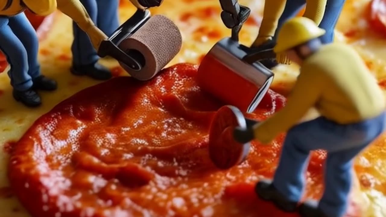 Hyper-realistic macro shot of tiny construction workers crafting an enormous pizza