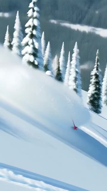 skier going down the mountain surrounded by trees and skier turns and jumps on the path