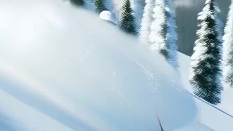 skier going down the mountain surrounded by trees and skier turns and jumps on the path
