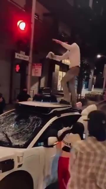 Waymo self-driving vehicle was destroyed last night by a diverse crowd in San Francisco.
