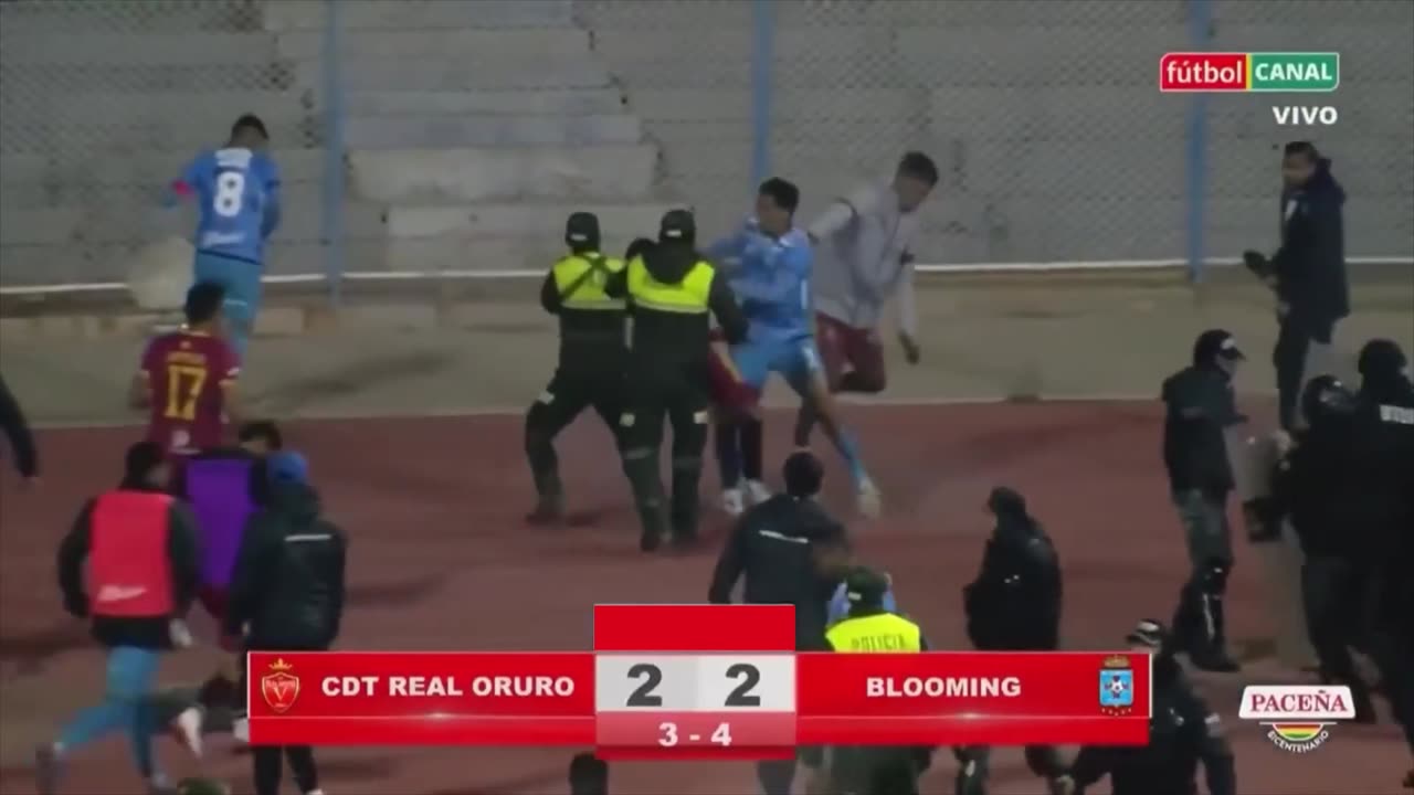 A mass brawl among players and staff during a soccer game in Bolivia
