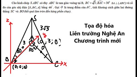 Liên trường THPT – Nghệ An: Tọa độ hóa: Cho hình chóp .S ABC có đáy ABC là tam giác vuông tại B, BC=