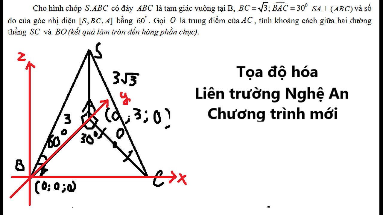 Liên trường THPT – Nghệ An: Tọa độ hóa: Cho hình chóp .S ABC có đáy ABC là tam giác vuông tại B, BC=