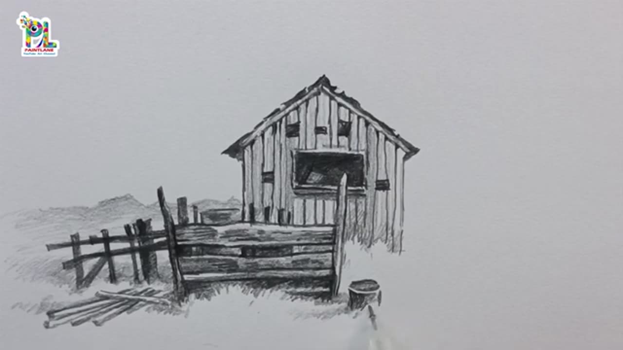 How to draw Old damaged wooden shed in farm land | Pencil sketch and shading