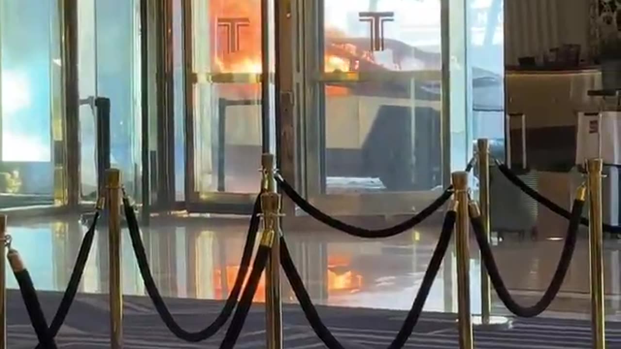 Cyber Truck on fire near entrance to Trump Tower in Las Vegas, Nevada