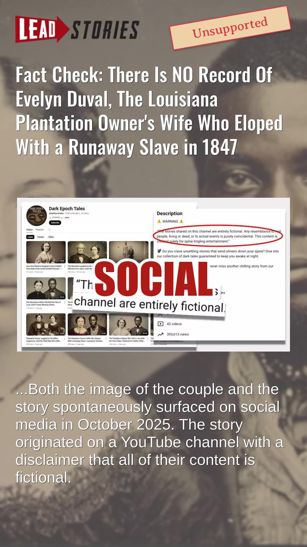 Fact Check: NO Record Of Evelyn Duval, Louisiana Plantation Owners Wife Eloping With Runaway Slave