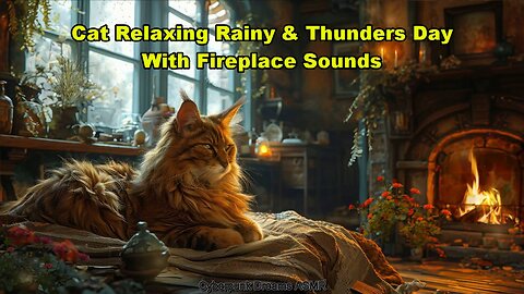 Cat Relaxing Rainy & Thunders Day With Fireplace Sounds